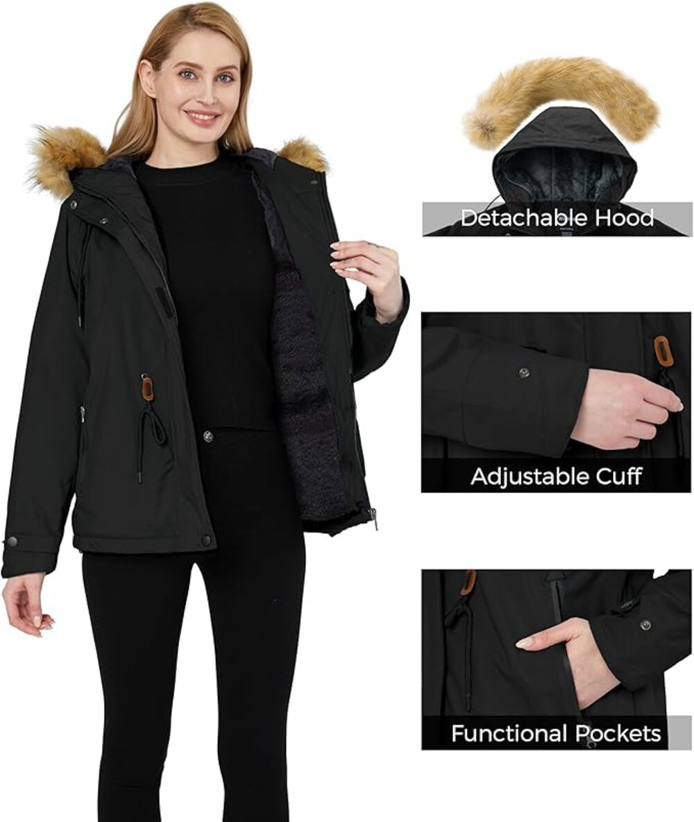 Wantdo Ski Jacket Womens M Black Waterproof Faux Fur Hood Snow Coat Insulated
